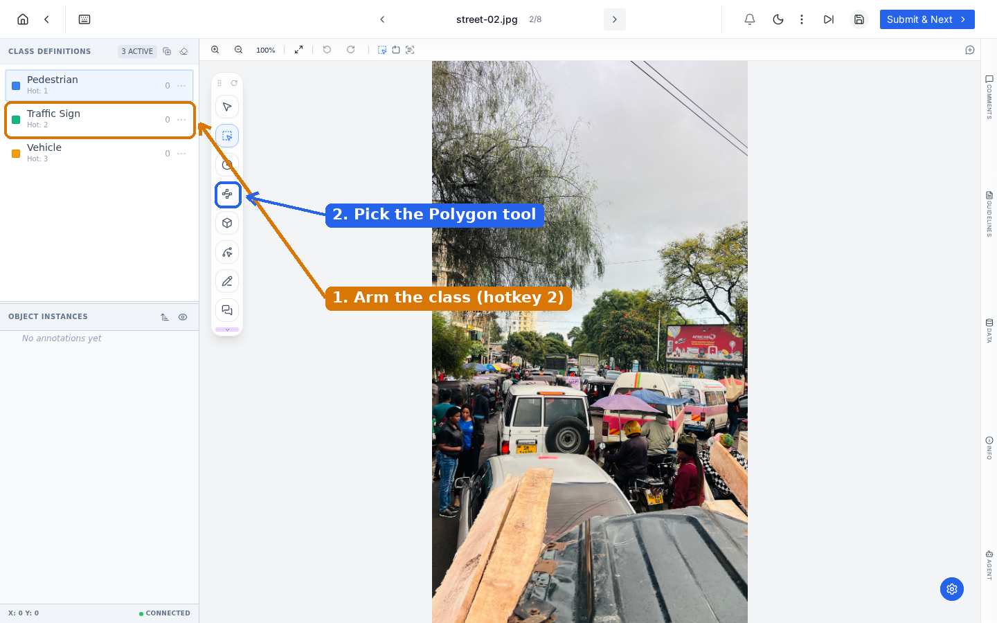 PixlHub editor with the class panel and Polygon tool highlighted with step markers