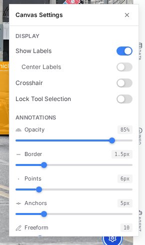 PixlHub Canvas Settings panel with display toggles and annotation opacity, border, point and anchor sliders