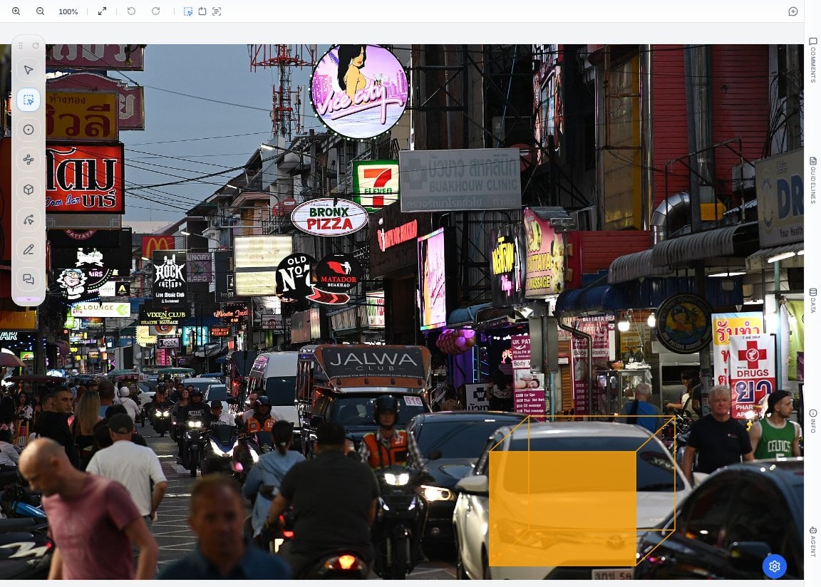 PixlHub editor with a cuboid annotation on a sedan in a busy street scene