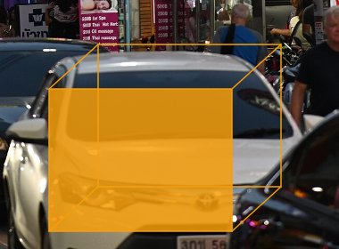 Orange cuboid annotation on a white sedan in the PixlHub editor showing front face and depth edges