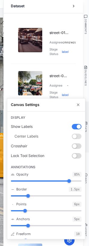 PixlHub dataset drawer listing assets with assignee, stage and status
