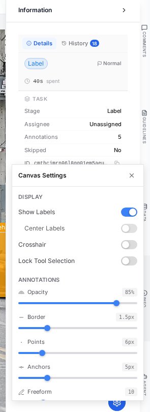 PixlHub info drawer showing task details including stage, assignee and annotation count