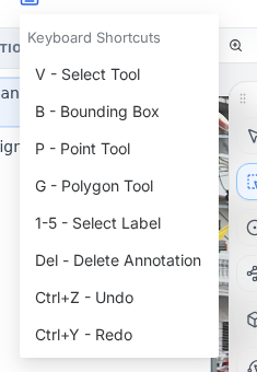 PixlHub keyboard shortcuts popover listing tool and label shortcuts