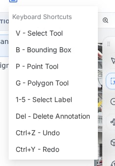 PixlHub keyboard shortcuts popover listing tool and label shortcuts