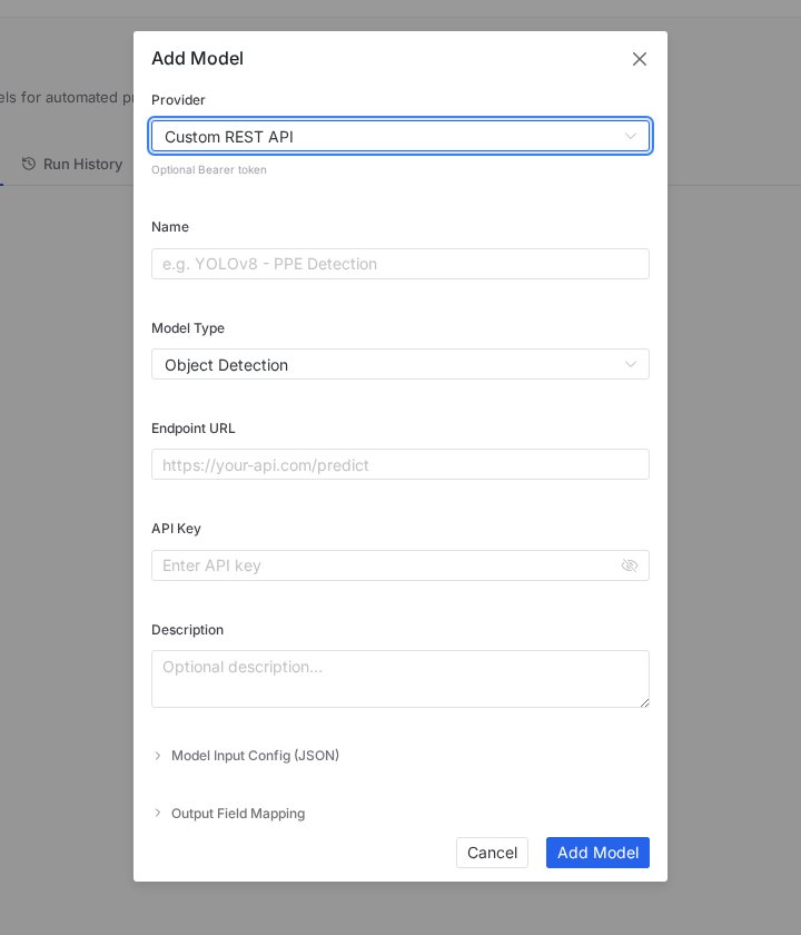 PixlHub Add Model dialog with provider, model type, endpoint URL, API key, input config and output field mapping