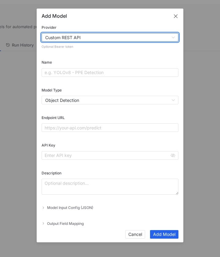 PixlHub Add Model dialog with provider, model type, endpoint URL, API key, input config and output field mapping