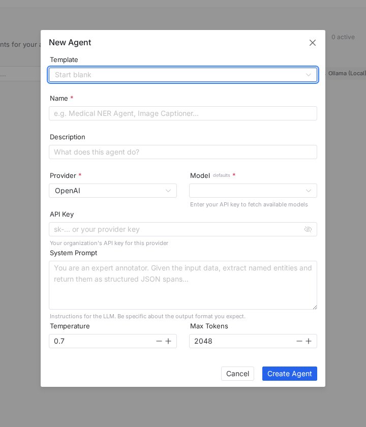 PixlHub New Agent dialog with template, provider, model, API key, system prompt, temperature and max tokens