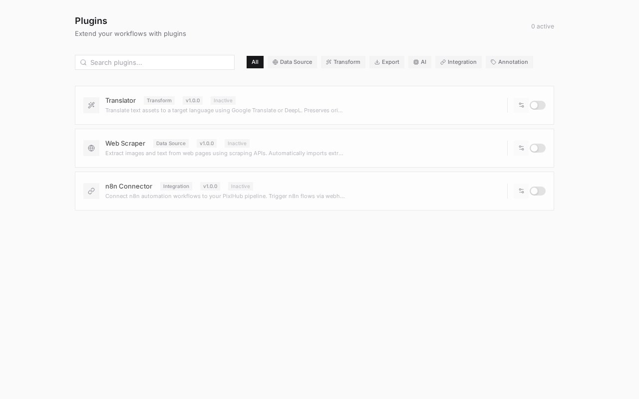 PixlHub Plugins page showing Translator, Web Scraper and n8n Connector plugins with category filters