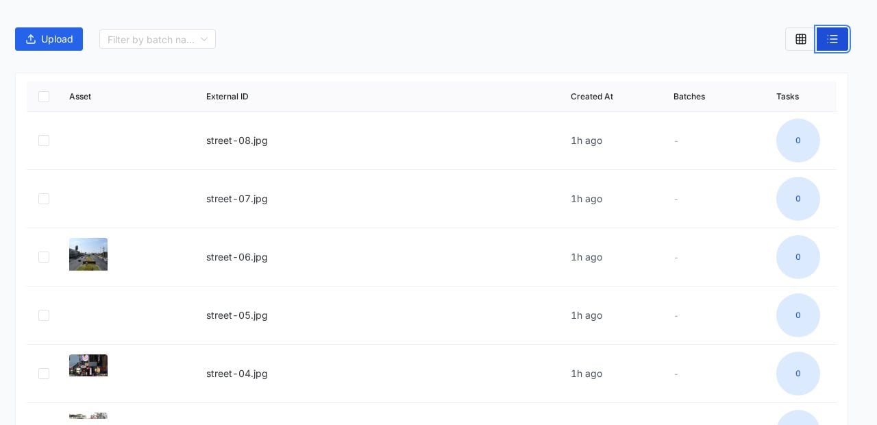 PixlHub Assets tab in list view showing external IDs, creation times and task counts