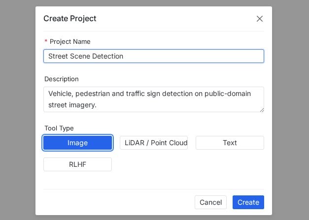 PixlHub Create Project dialog with name, description and tool type options