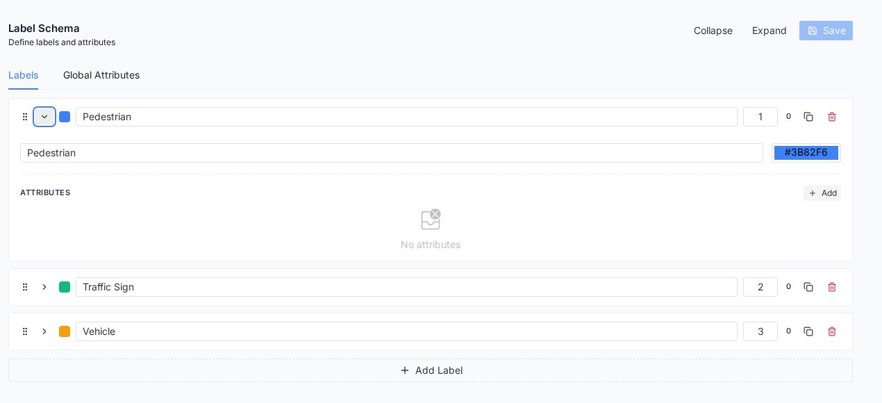 PixlHub Label Schema editor with an expanded Pedestrian label showing color hex value and attributes area