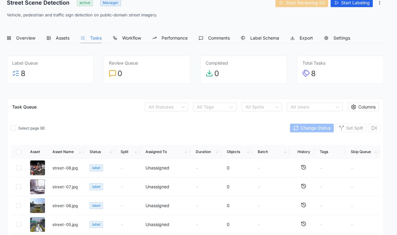 PixlHub Tasks tab with queue statistics and the task table showing status, assignment and batch columns