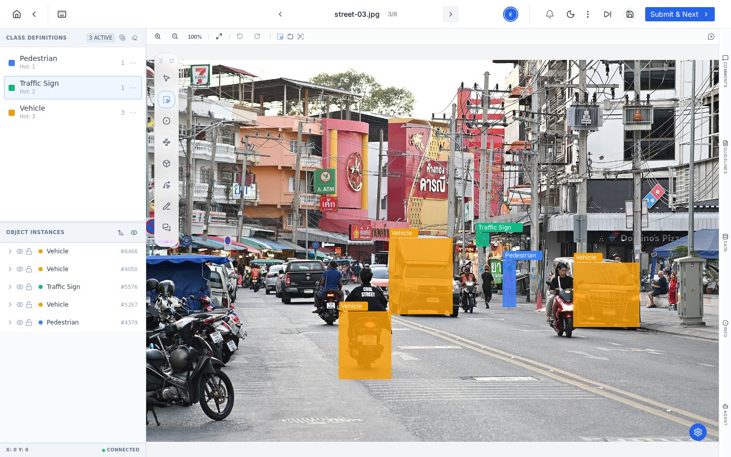 PixlHub annotation editor with labeled vehicles, pedestrian and traffic sign on a street scene