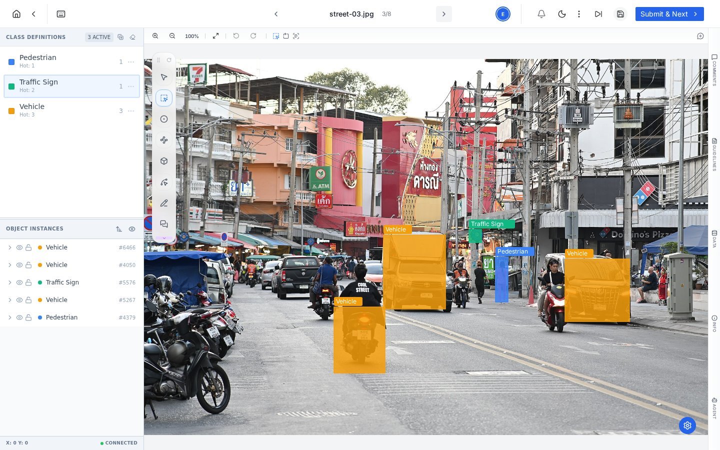PixlHub annotation editor with labeled vehicles, pedestrian and traffic sign on a street scene