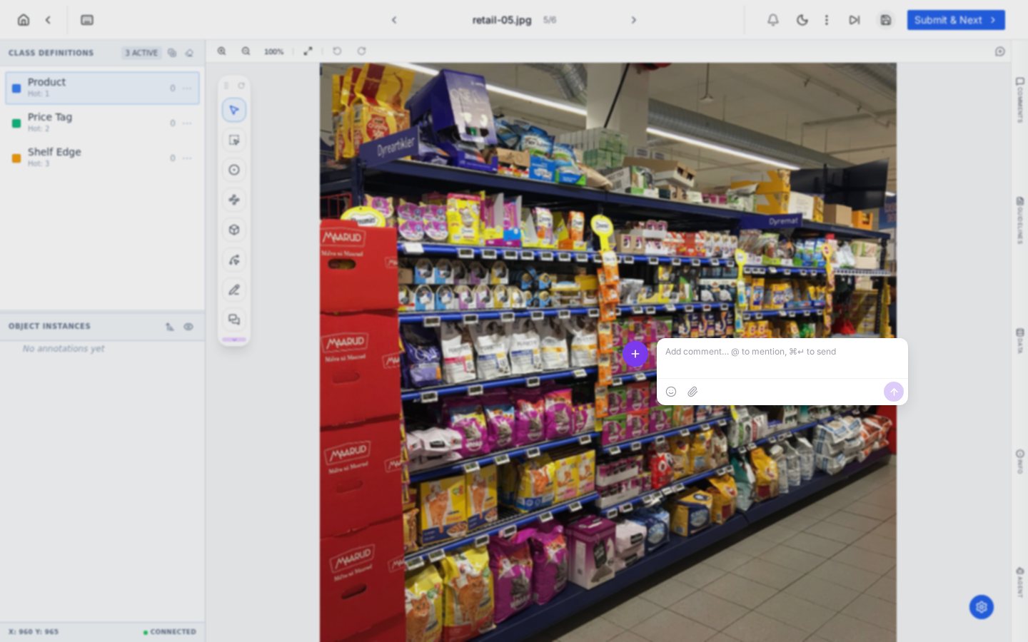 PixlHub comment composer open on a supermarket aisle image with a purple location pin