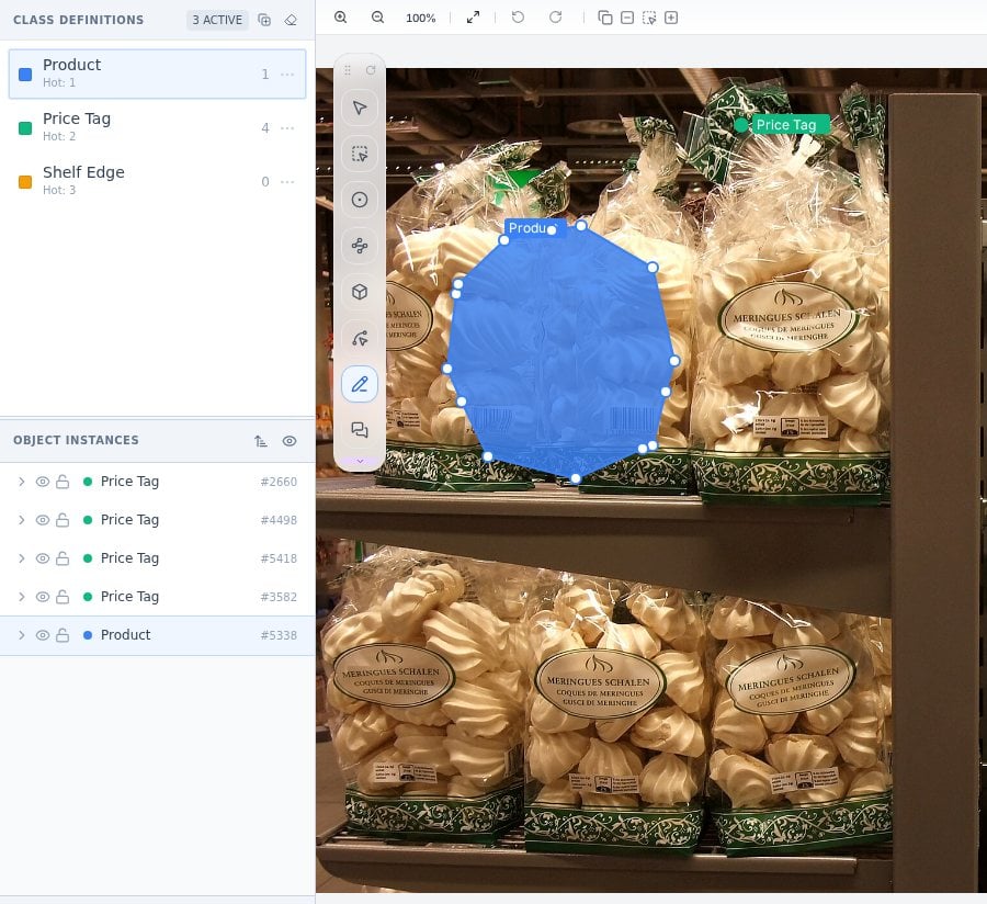 Blue freeform Product outline around a meringue bag in the PixlHub editor with the instance panel visible