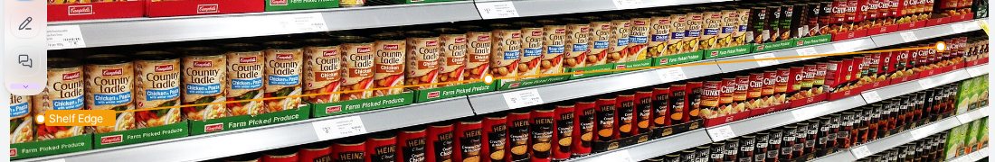 Orange Shelf Edge polyline drawn along a supermarket shelf rail in PixlHub