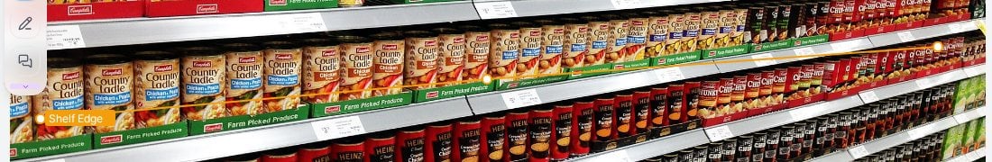 Orange Shelf Edge polyline drawn along a supermarket shelf rail in PixlHub