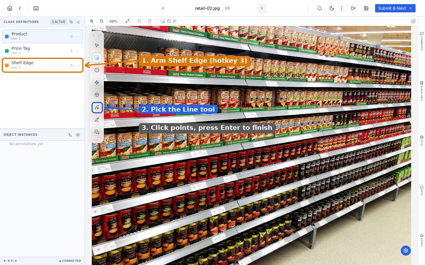 PixlHub editor with the Shelf Edge class and Line tool highlighted, showing a long supermarket shelf