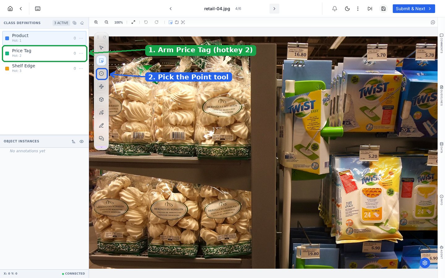 PixlHub editor with the Price Tag class and Point tool highlighted with step markers on a supermarket scene