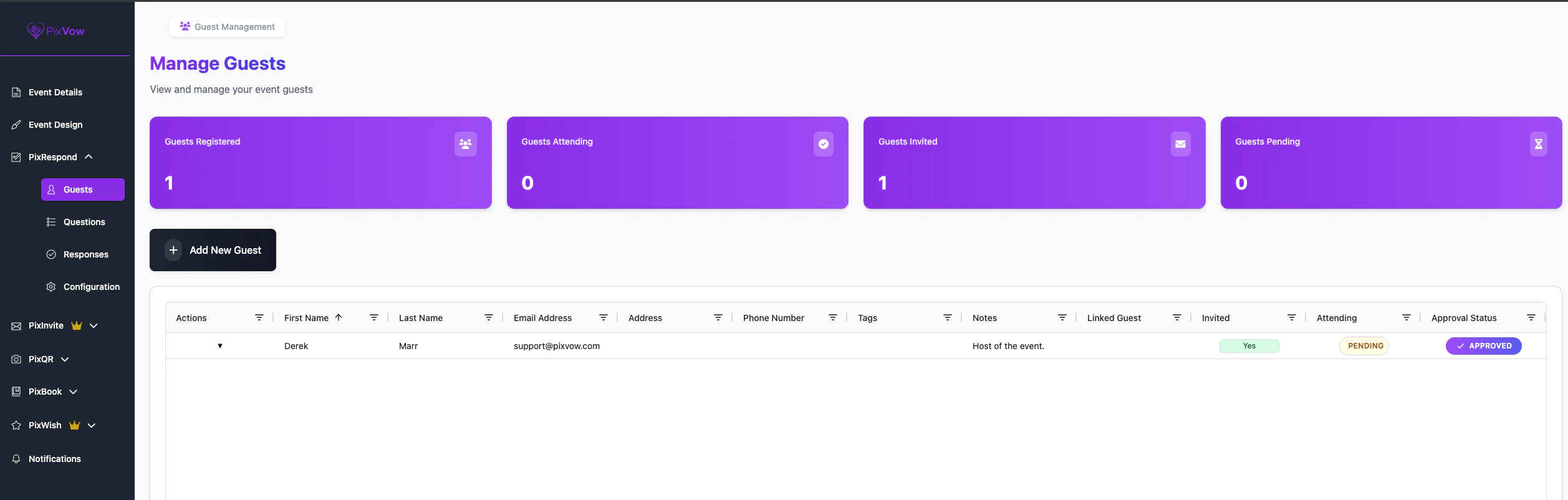 PixVow Host Dashboard Screenshot - PixRespond