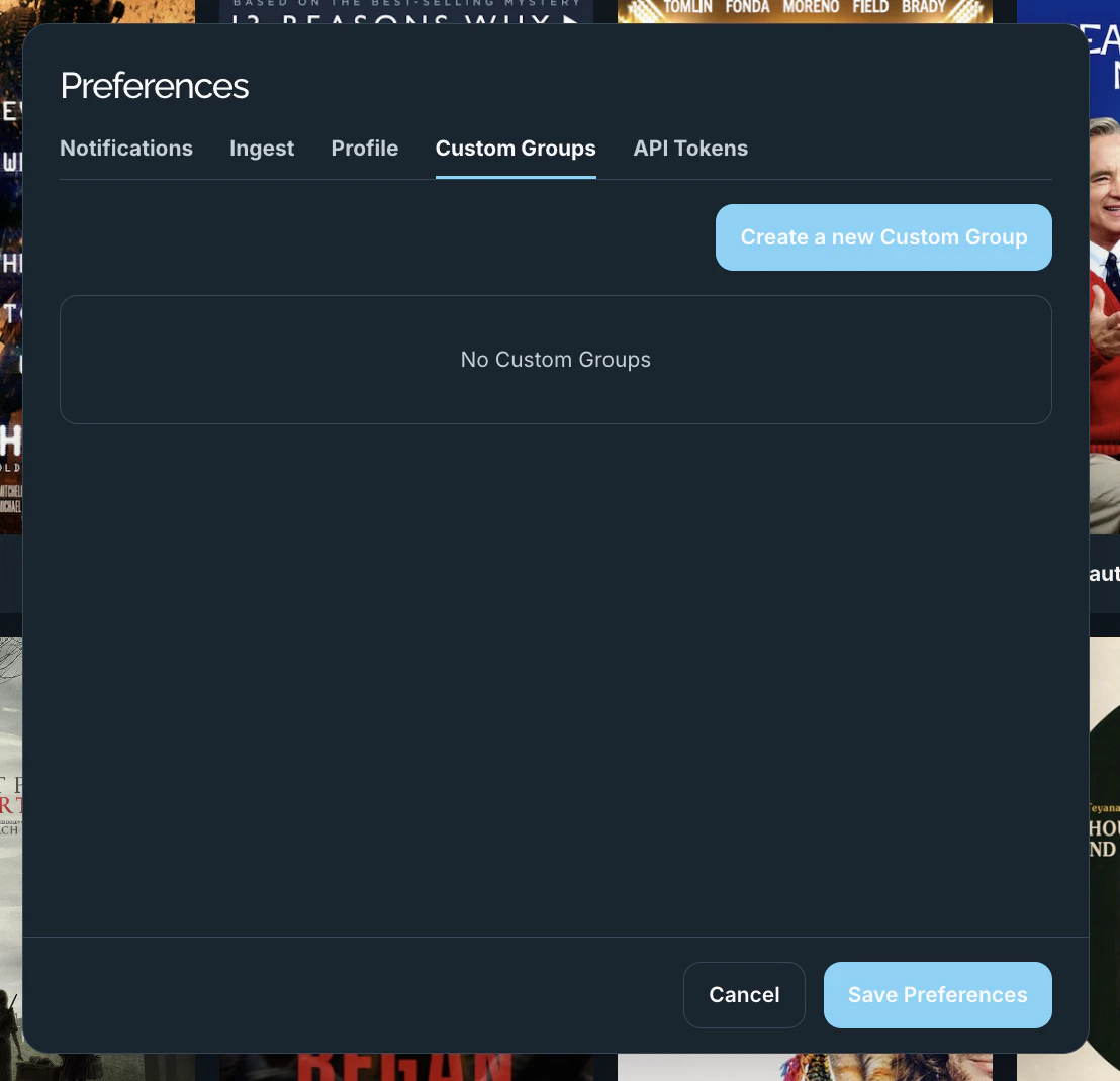 The Preferences Custom Groups tab with a Create a new Custom Group button and empty state