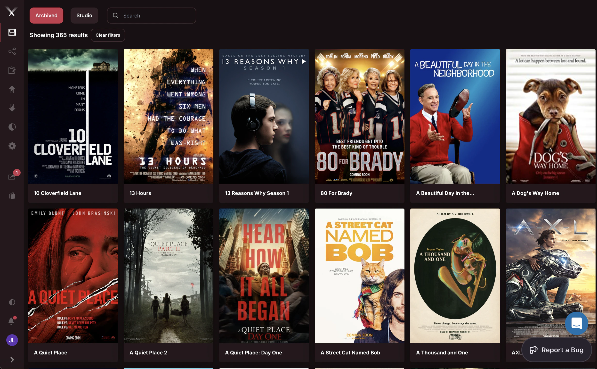 The Pixwel v4 project browser showing a grid of film poster thumbnails with search and filters