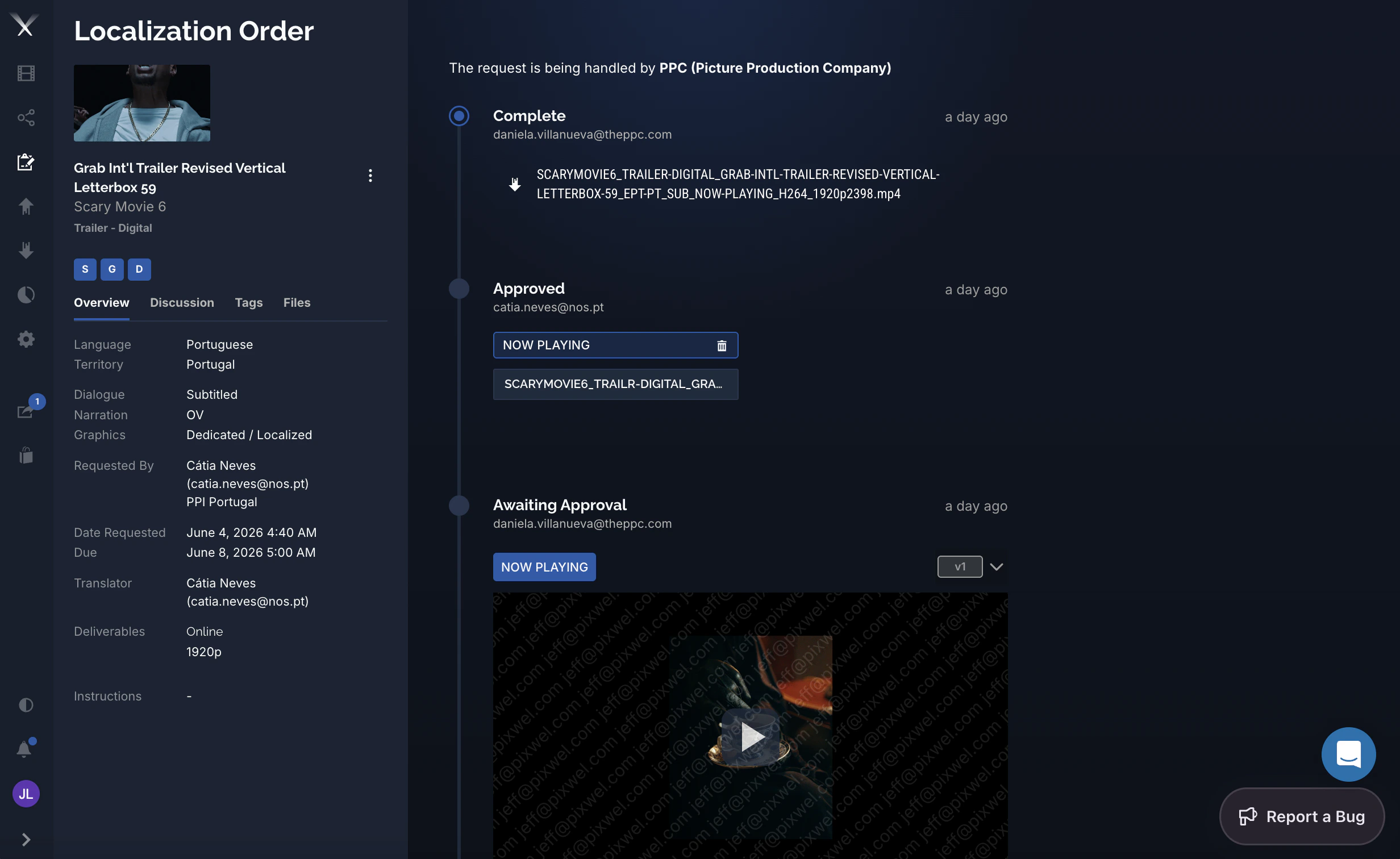 A work request timeline showing Complete, Approved, and Awaiting Approval stages with files, tags, and a preview player