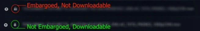 Legend showing the embargoed padlock versus the downloadable arrow