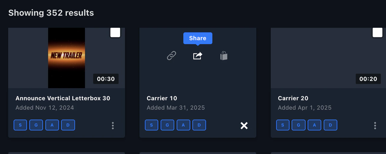 Quick-action buttons on an asset thumbnail