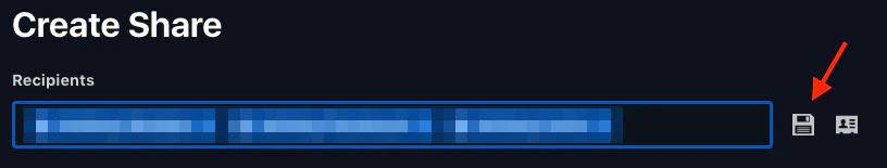 The save icon beside the Recipients field on the Create Share form