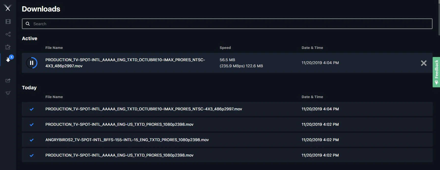 The Download Manager showing active and completed transfers