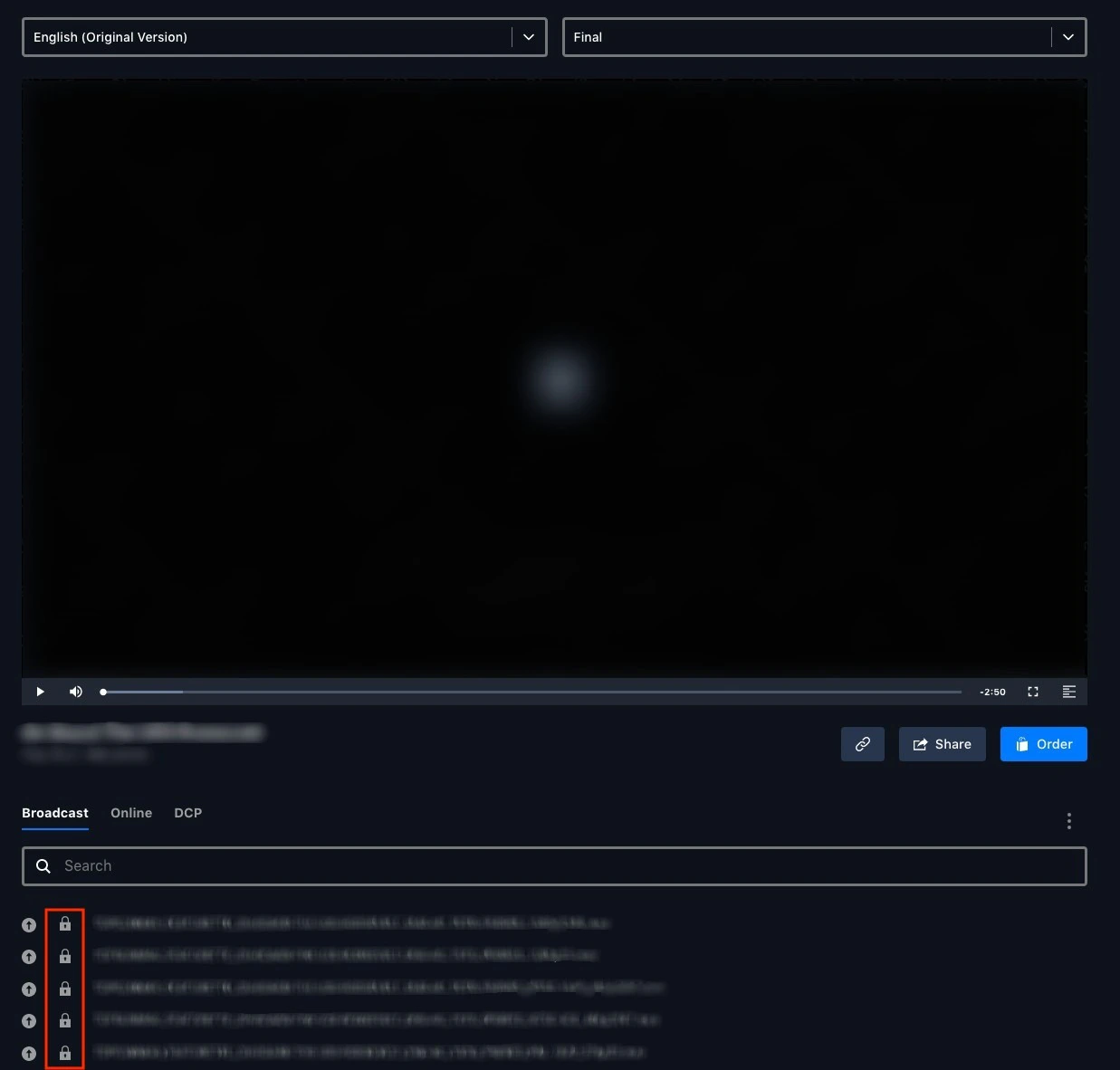 An asset's file list with padlock icons on embargoed files