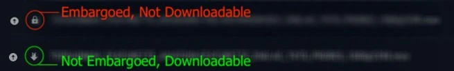 Legend comparing the embargoed padlock and the downloadable arrow icons