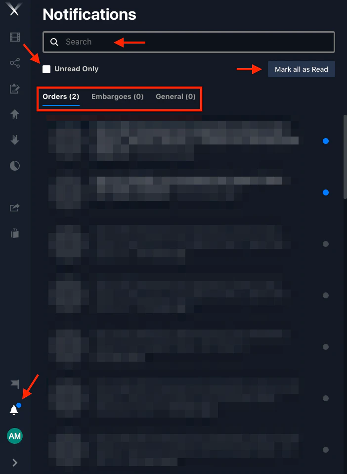 The in-app Notifications panel with Orders, Embargoes, and General tabs