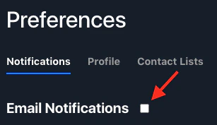 The Email Notifications checkbox on the Preferences Notifications tab