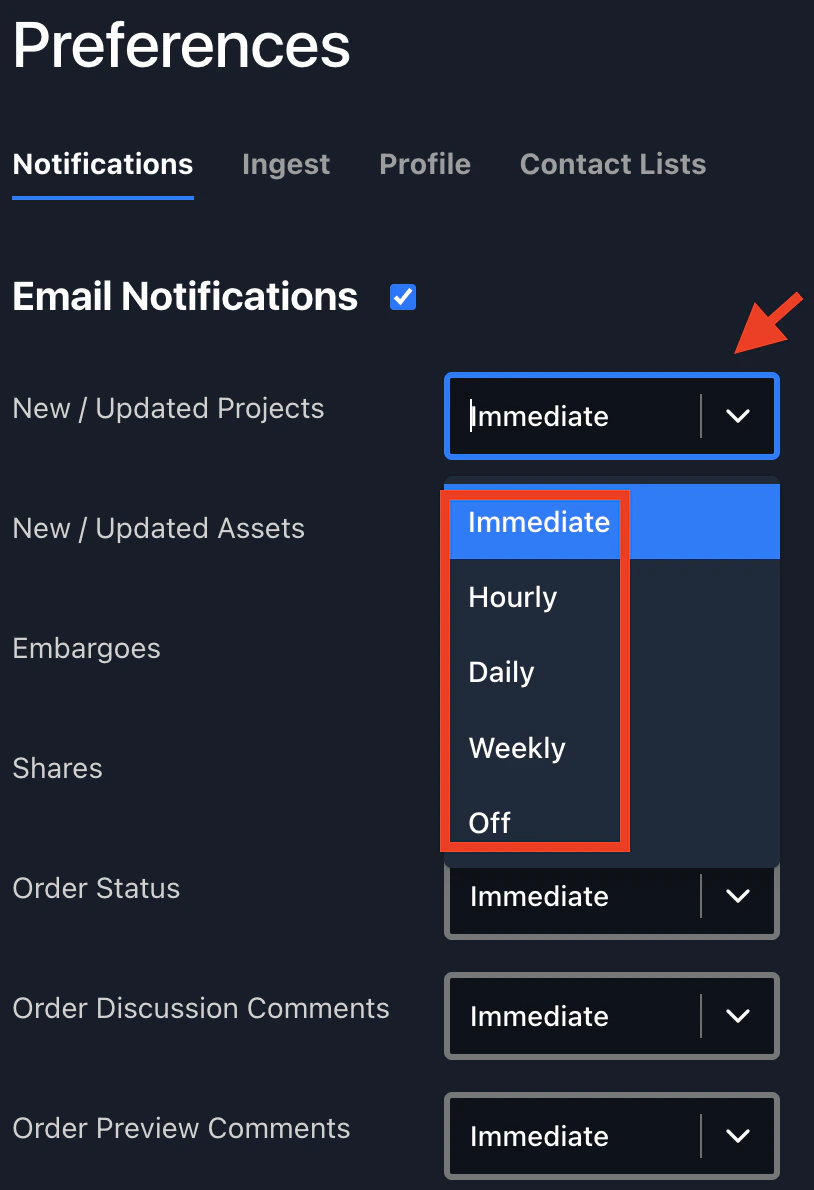Per-type email frequency dropdowns on the Notifications preferences tab
