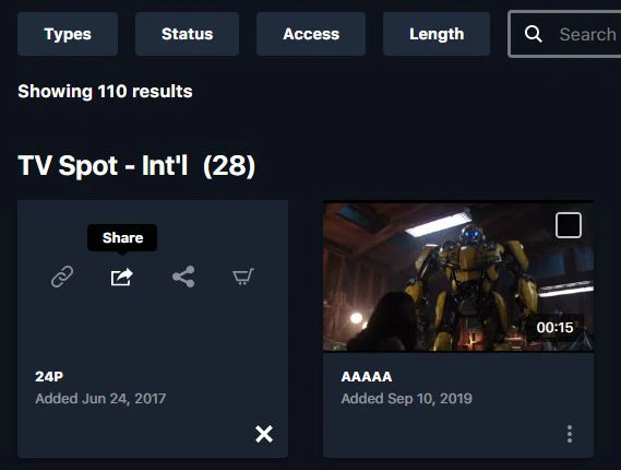 Sharing an asset via the quick-action Share button on a thumbnail
