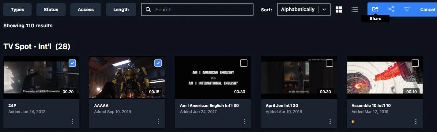 Batch-selecting multiple asset thumbnails and sharing them together