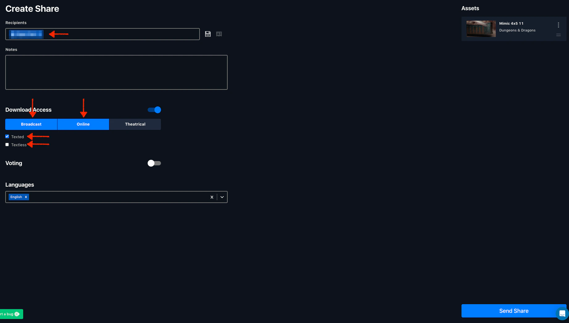 The Create Share form showing recipients, download access, voting, and languages