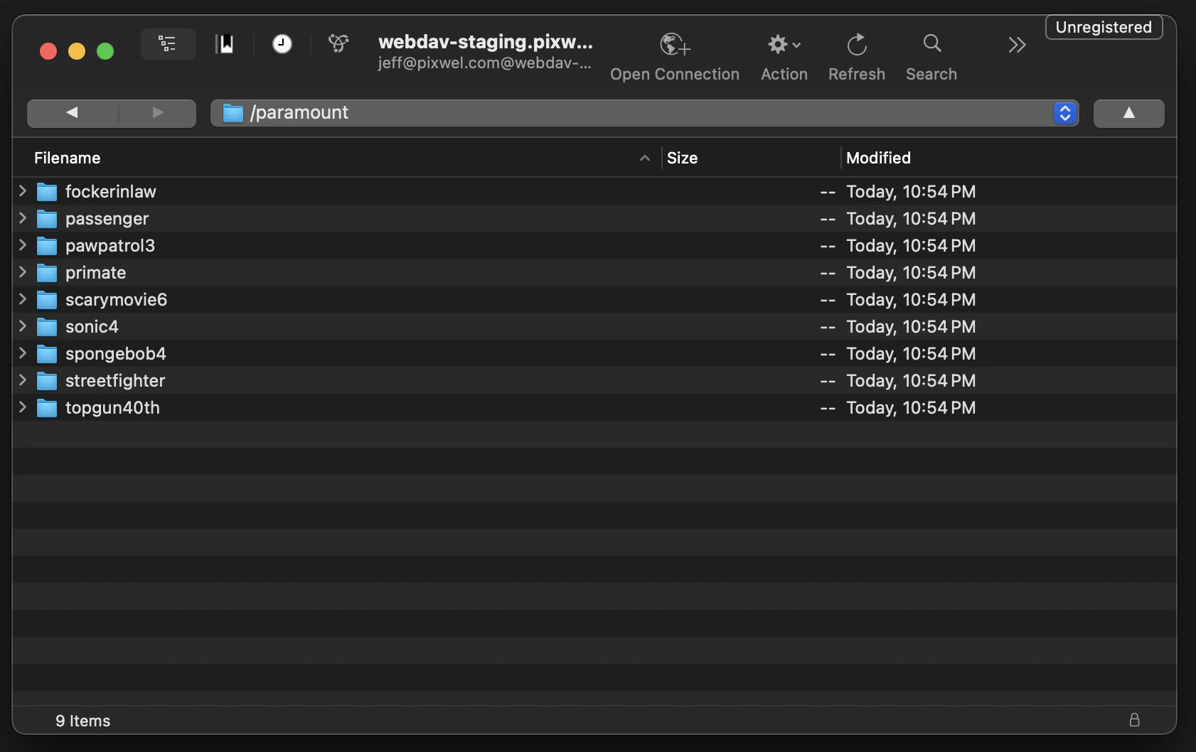 A Pixwel studio mounted over WebDAV, showing project folders in a file browser