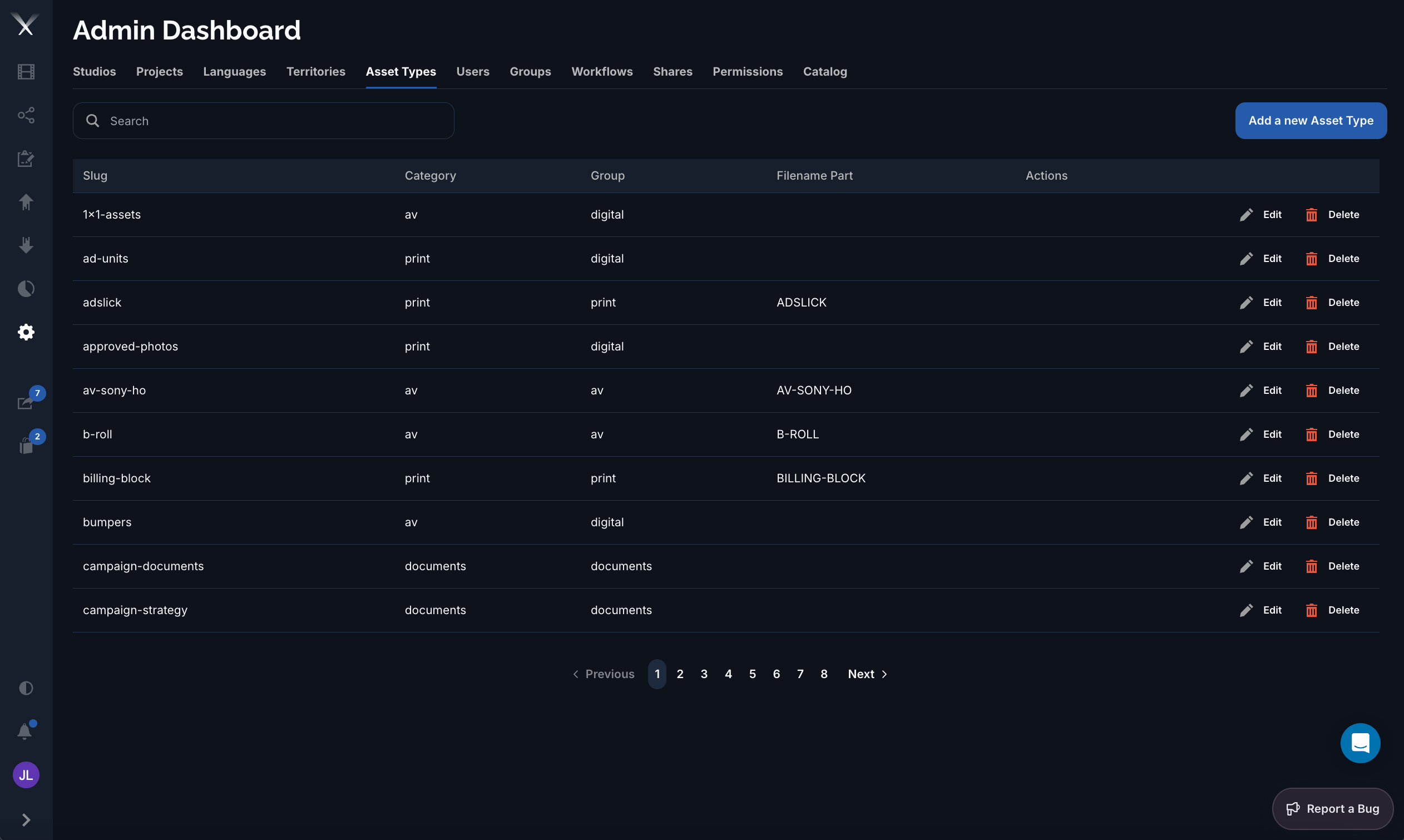 The Admin Dashboard Asset Types tab listing asset types with slug, category, group, and filename part