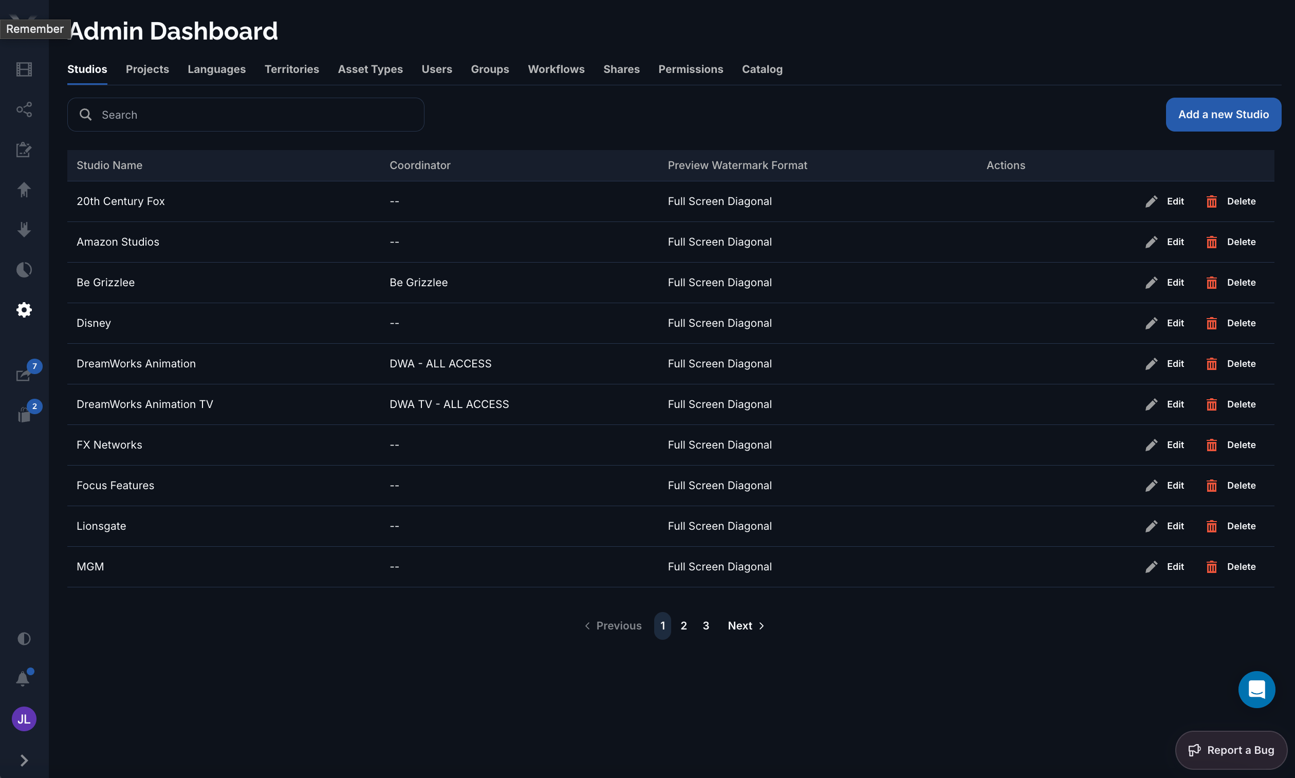 The Admin Dashboard showing the Studios tab with a list of studios