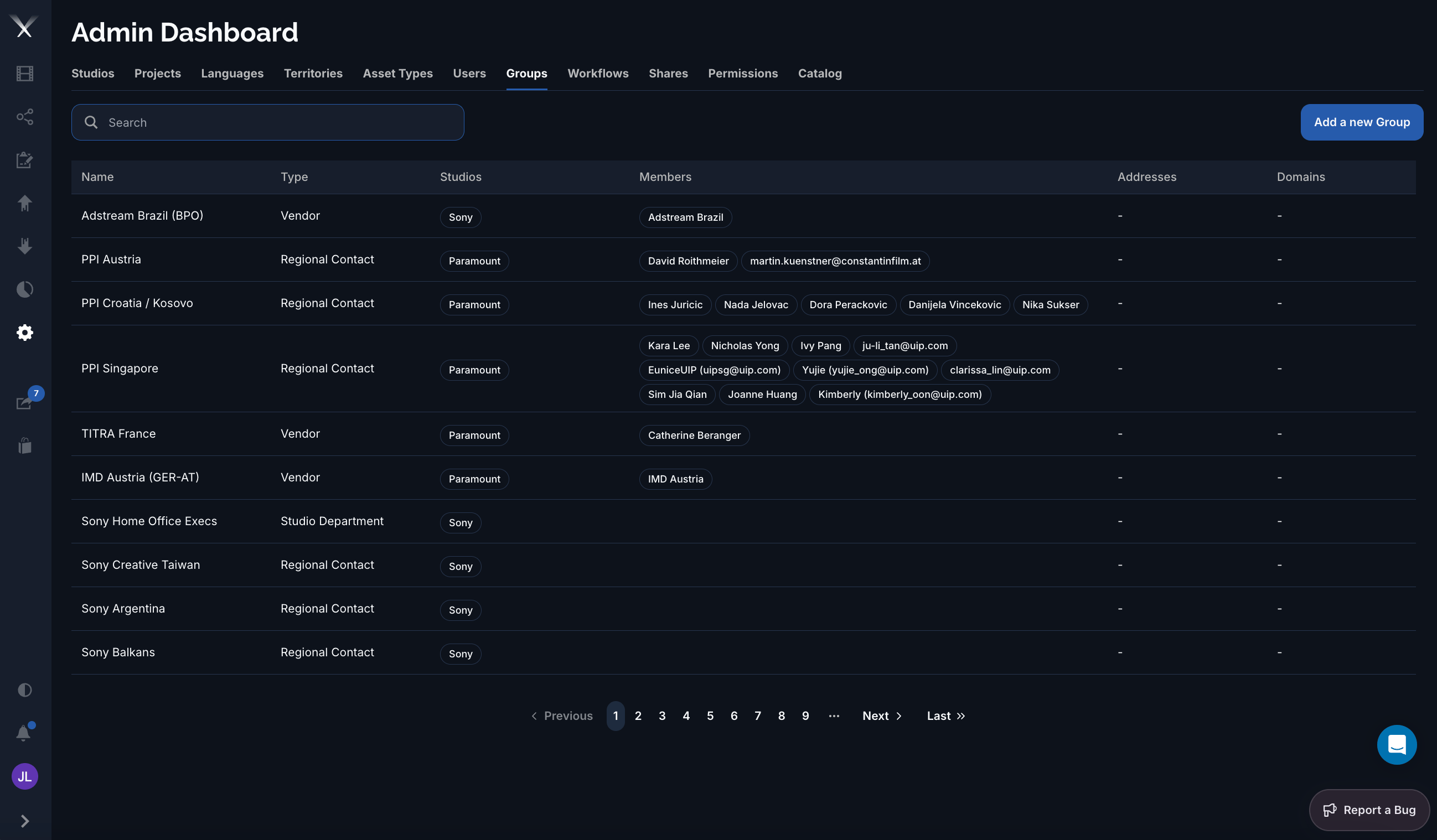 The Admin Dashboard Groups tab listing groups with type, studios, and members