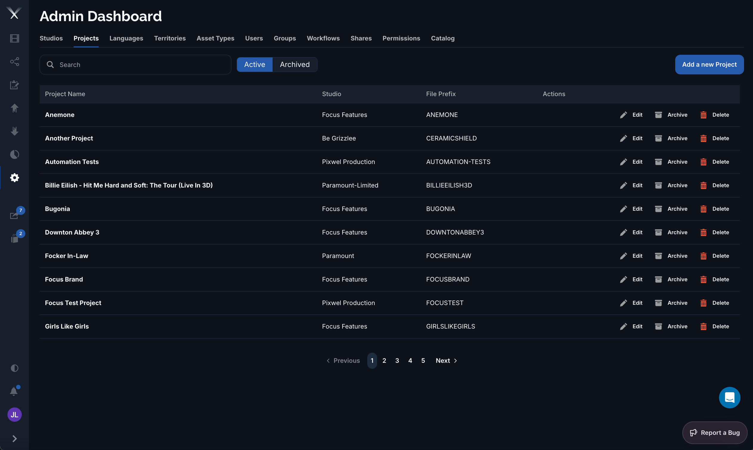 The Admin Dashboard Projects tab listing projects with studio and file prefix