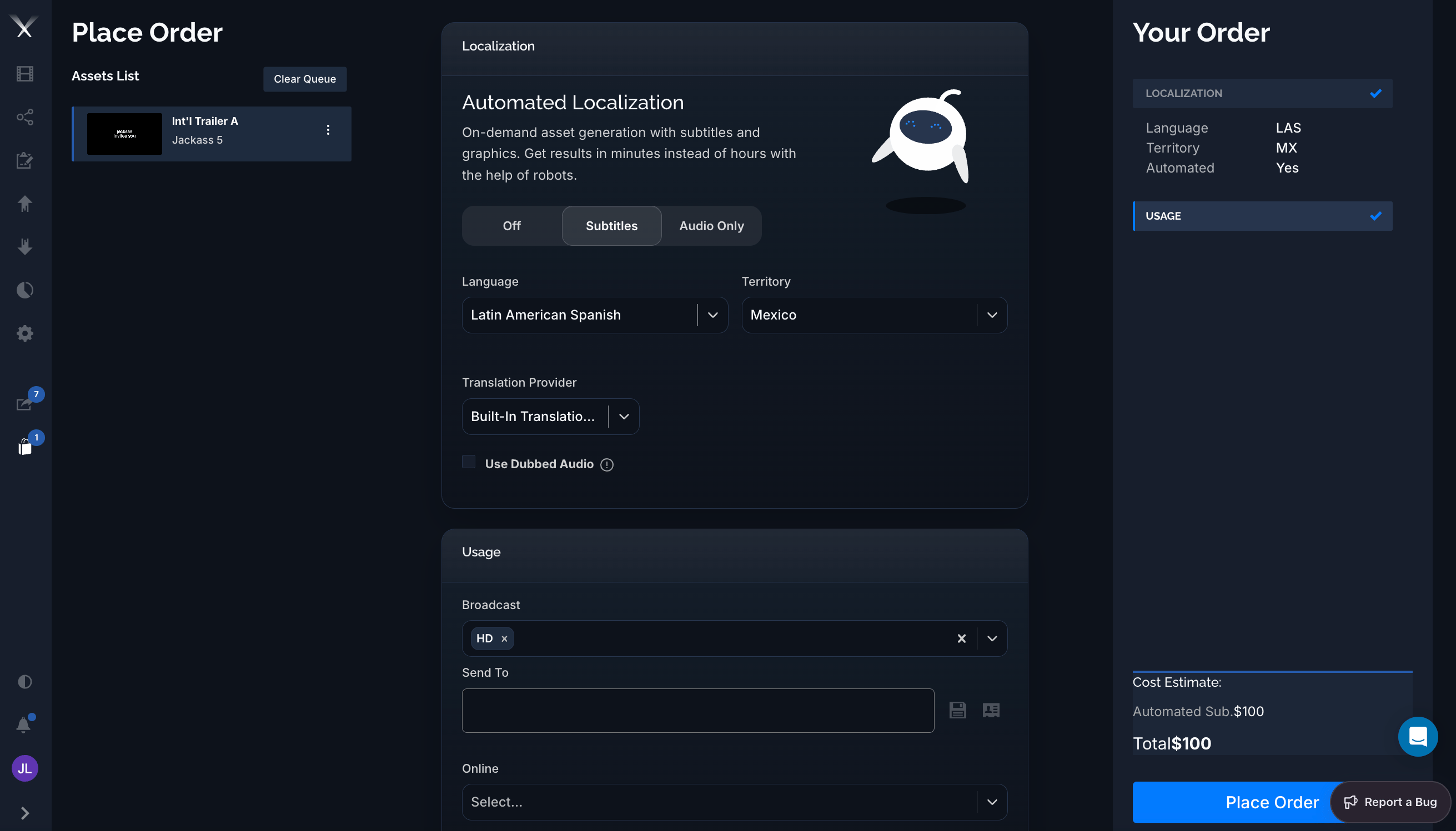 The Place Order page showing the Automated Localization panel with a Subtitles/Audio toggle, language and territory dropdowns, and translation provider