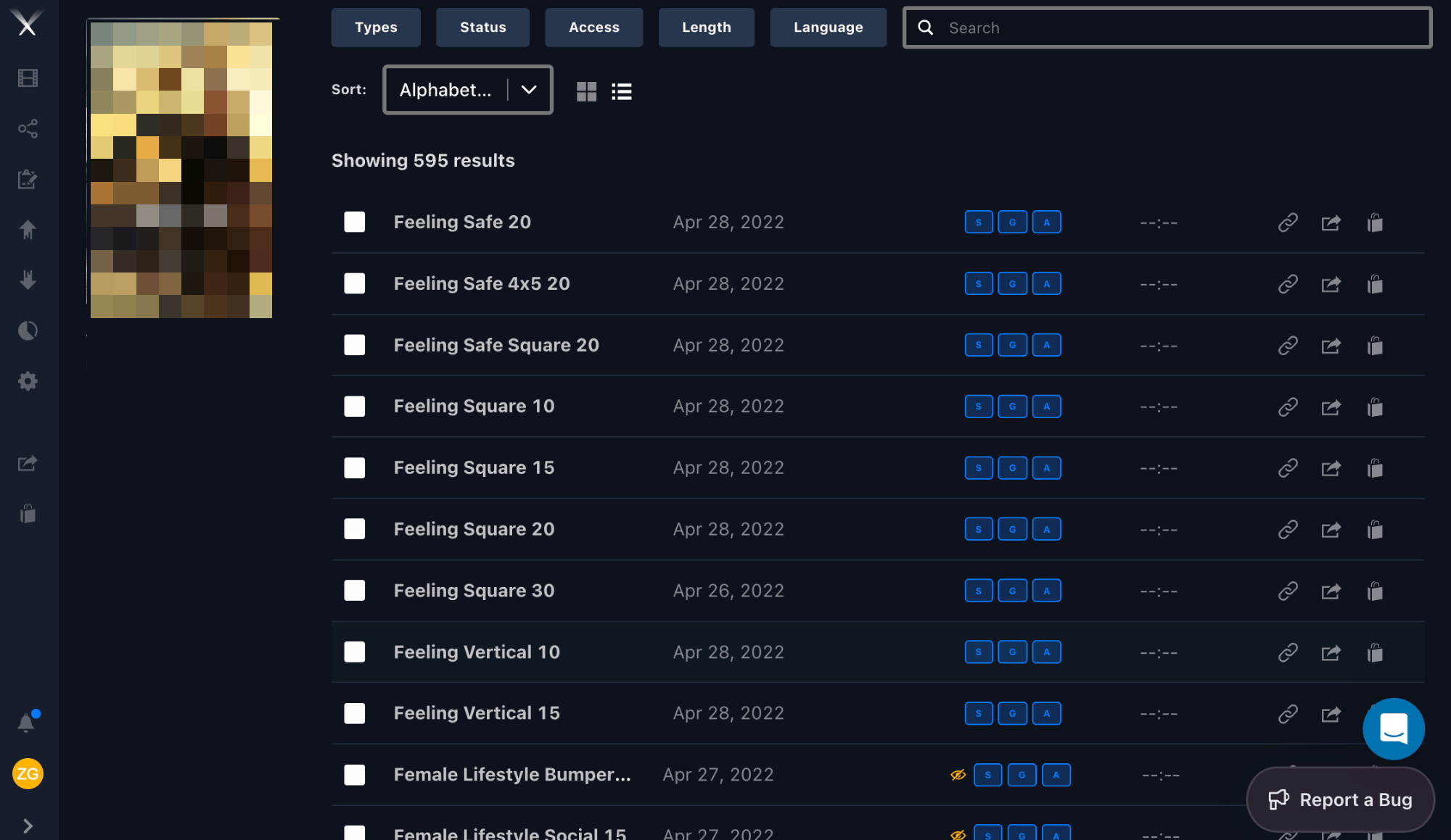 List view of assets with rows and quick-action buttons