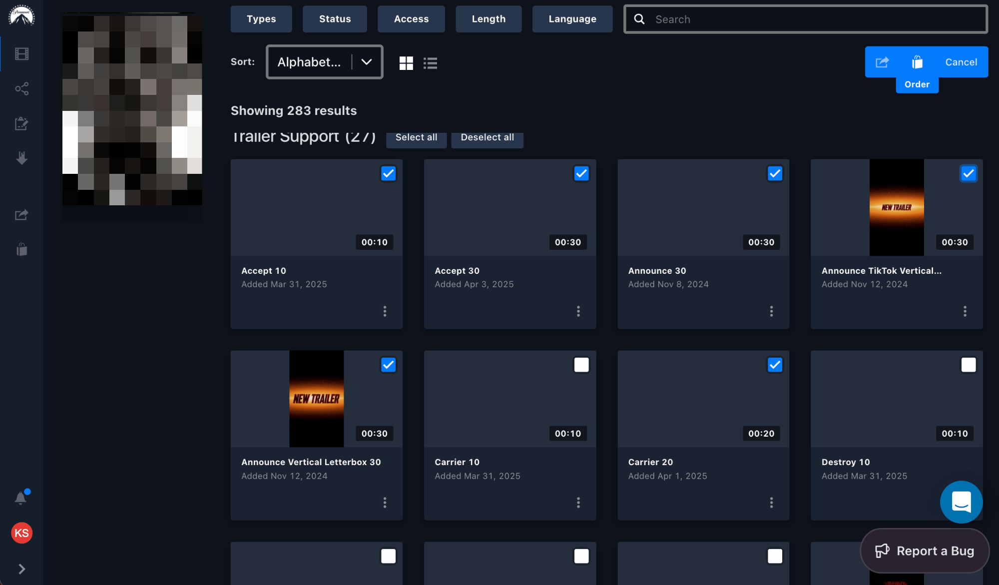 Multiple assets selected with checkboxes and order/share actions in the toolbar