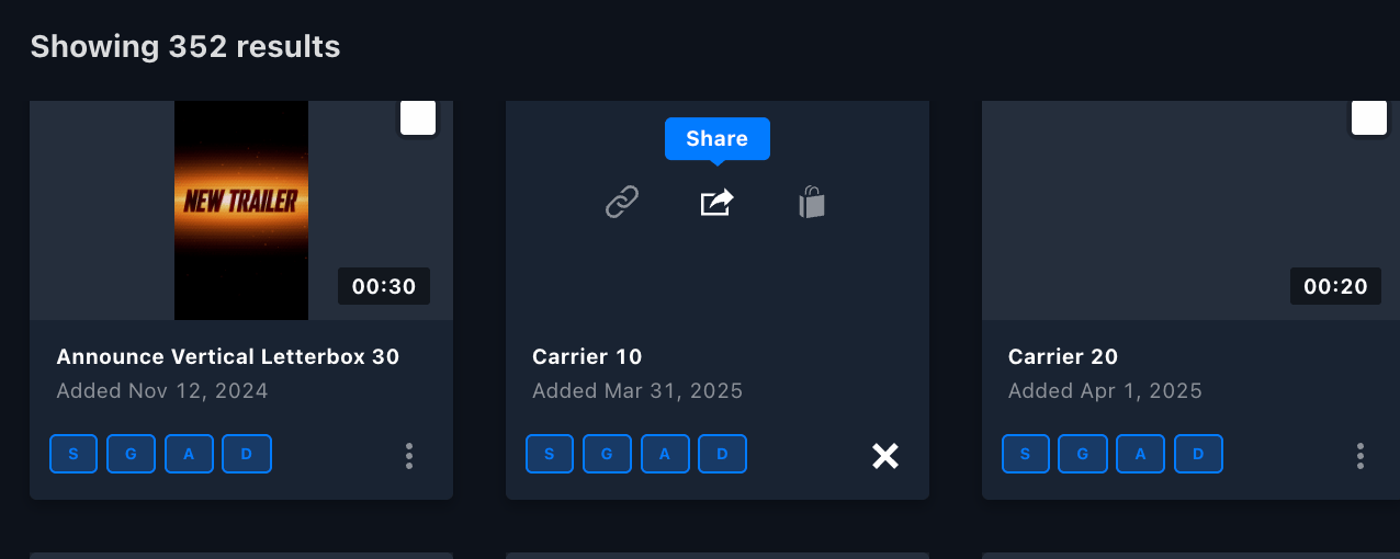 Quick-action buttons on an asset thumbnail