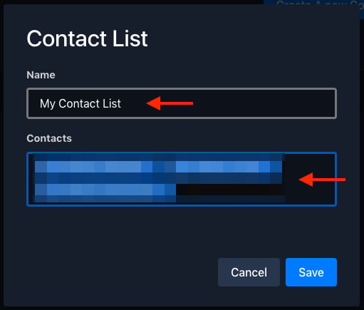 The Contact List form with a name and contacts fields